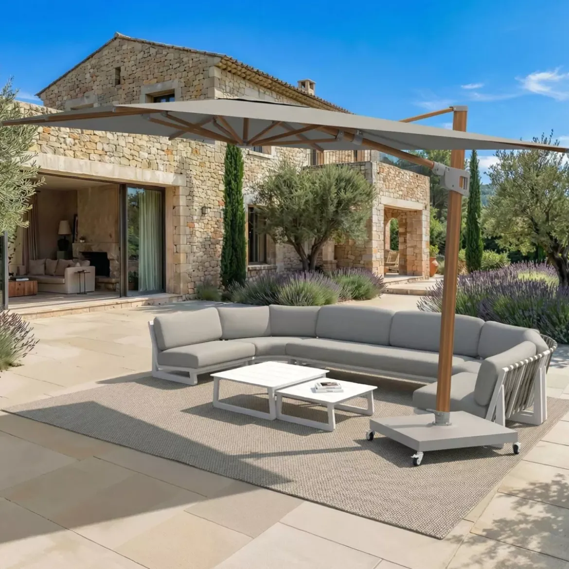 Ombrellone decentrato rettangolare in alluminio con base (3 x 4 m) Elyra effetto legno e Grigio