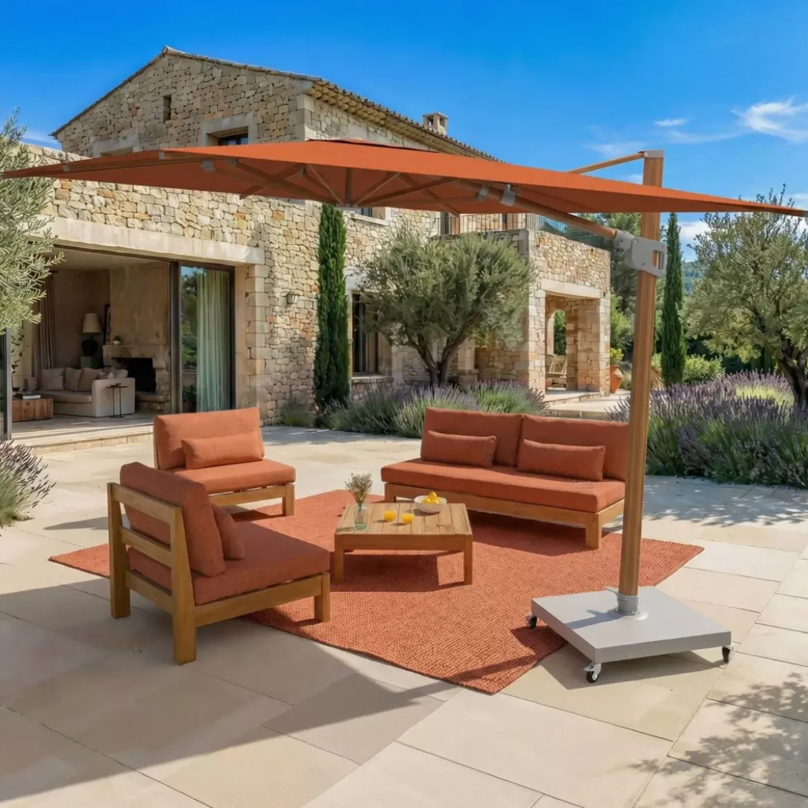 Ombrellone decentrato rettangolare in alluminio con base (3 x 4 m) Elyra effetto legno e Terracotta