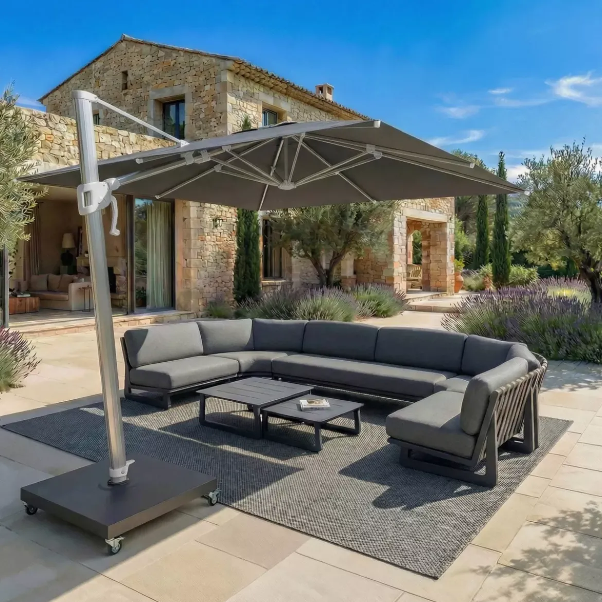 Ombrellone decentrato rettangolare in alluminio con base (3 x 4 m) Elyra Metallico lucido e Antracite