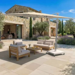 Ombrellone decentrato rettangolare in alluminio con base (3 x 4 m) Elyra Metallico lucido e Beige