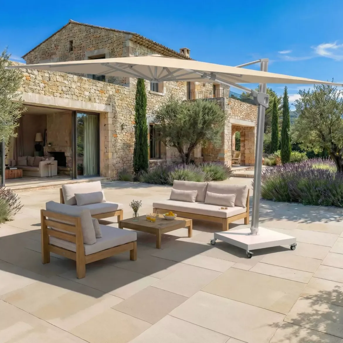 Ombrellone decentrato rettangolare in alluminio con base (3 x 4 m) Elyra Metallico lucido e Beige
