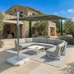 Ombrellone decentrato rettangolare in alluminio con base (3 x 4 m) Elyra Metallico lucido e Verde oliva