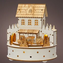 Paese di Natale in legno luminoso e musicale a pile (H19 cm) Casa di famiglia