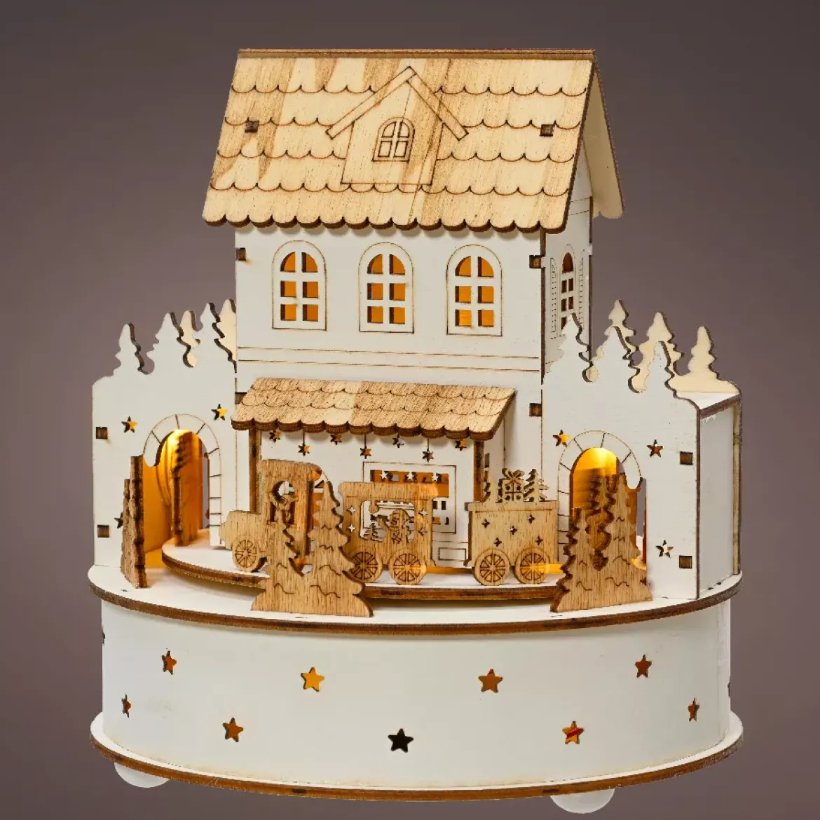 Paese di Natale in legno luminoso e musicale a pile (H19 cm) Casa di famiglia