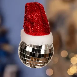 Pallina di Natale (D80 mm) Disco a sfaccettature con cappello Babbo Natale Argento