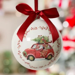 Pallina di Natale (D100 mm) Fiocco rosso Auto di Babbo Natale Bianco