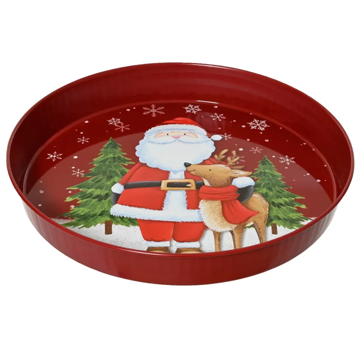 Piatto decorativo rotondo (D25 cm) Babbo Natale e la sua renna Rosso e bianco