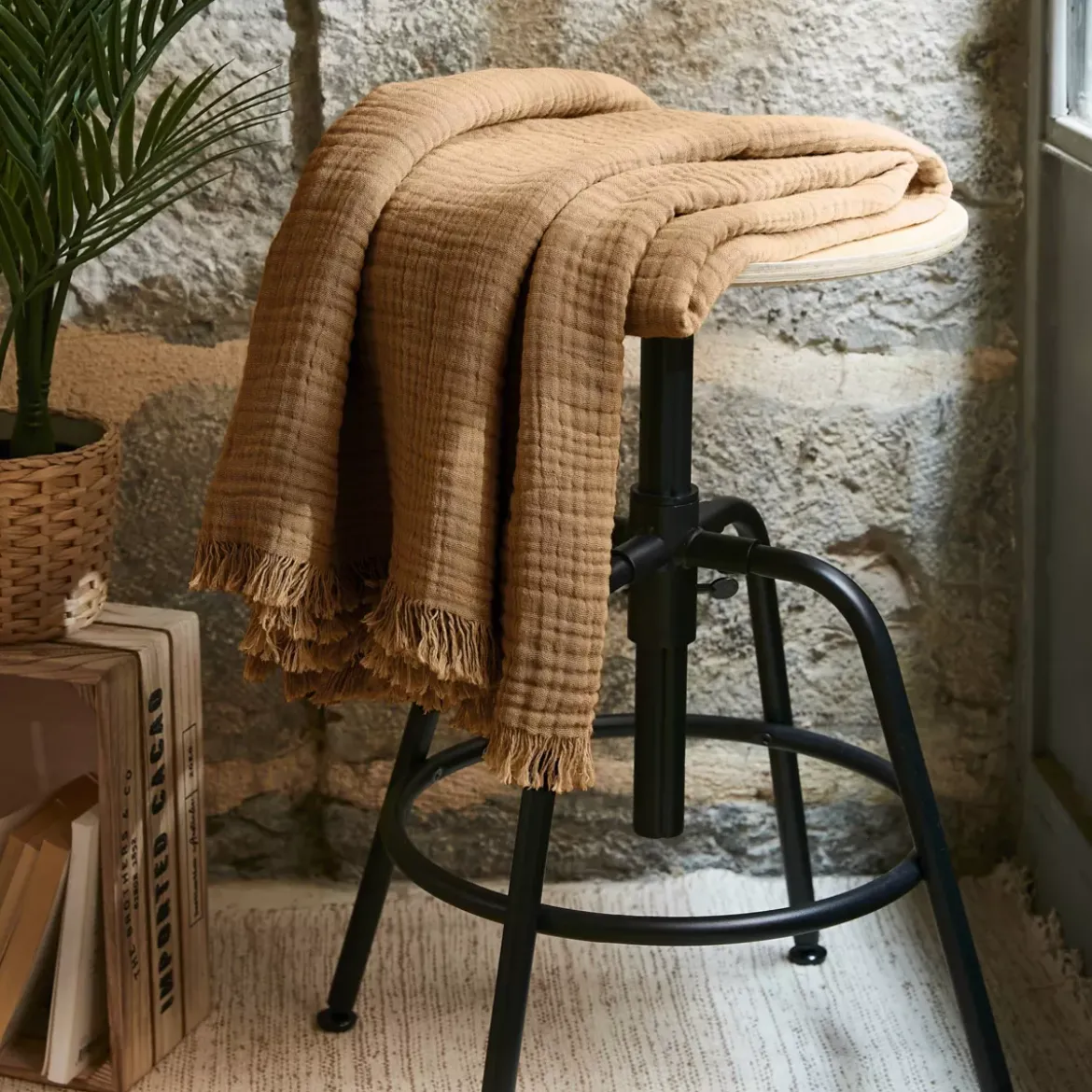 Plaid garza di cotone (160 cm) Gaïa Camel