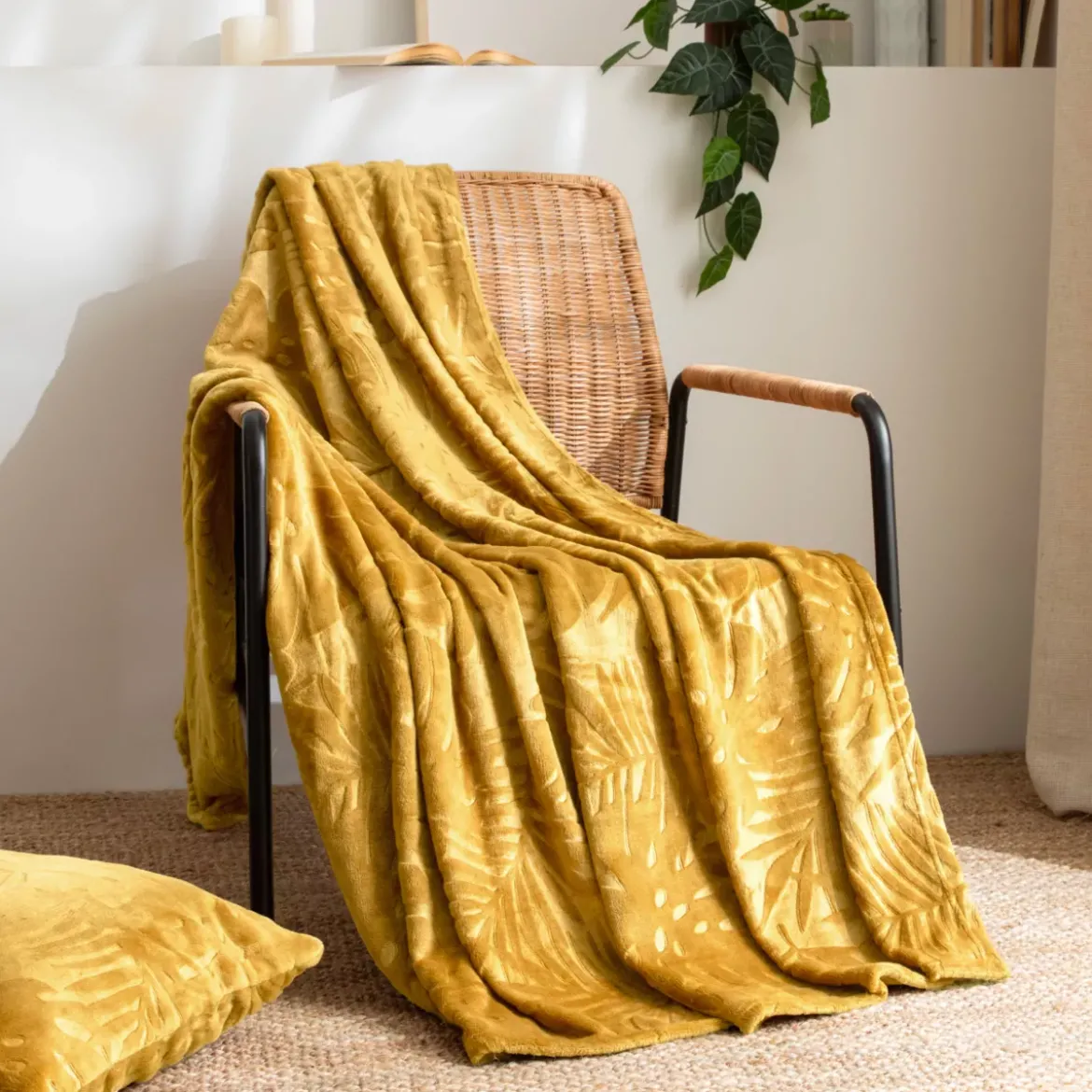 Plaid morbido in flanella (125 x 150 cm) Flore Giallo senape