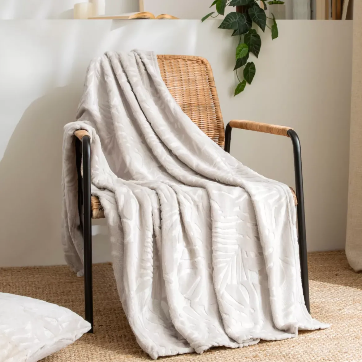 Plaid morbido in flanella (130 x 180 cm) Flore Ecru