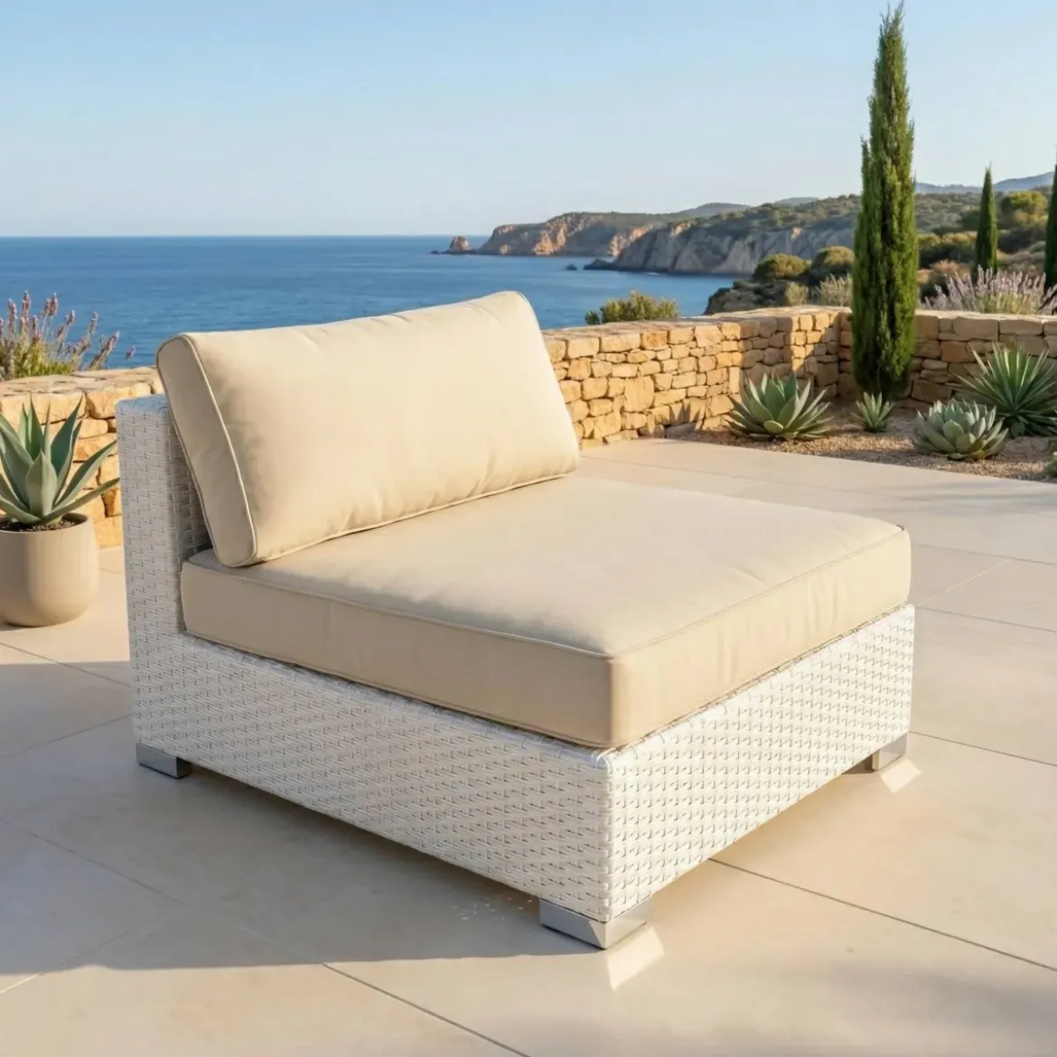 Poltrona da giardino senza braccioli in resina intrecciata Palma Bianco e beige