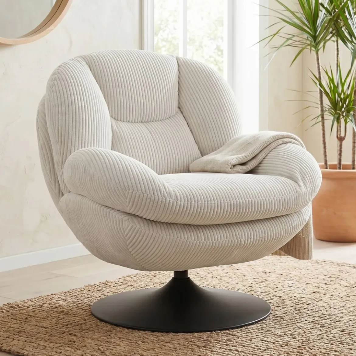 Poltrona girevole in velluto a coste (seduta 46 cm) Lomy Bianco
