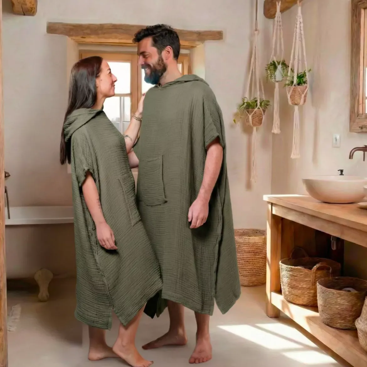 Poncho adulto in garza di cotone S/M Gaïa Verde rosmarino