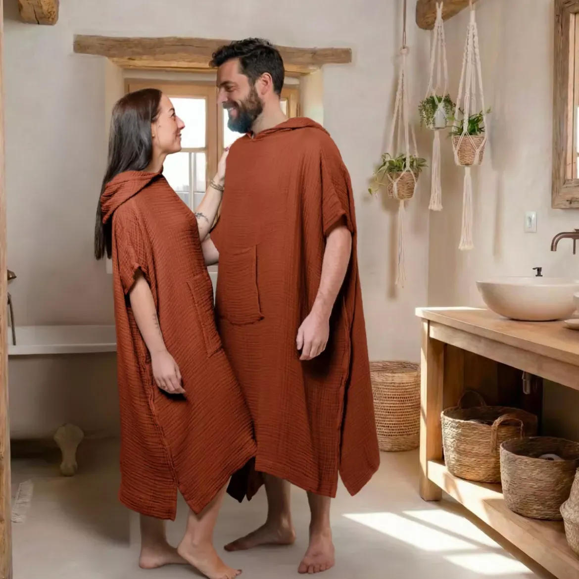 Poncho adulto in garza di cotone S/M Gaïa Terracotta