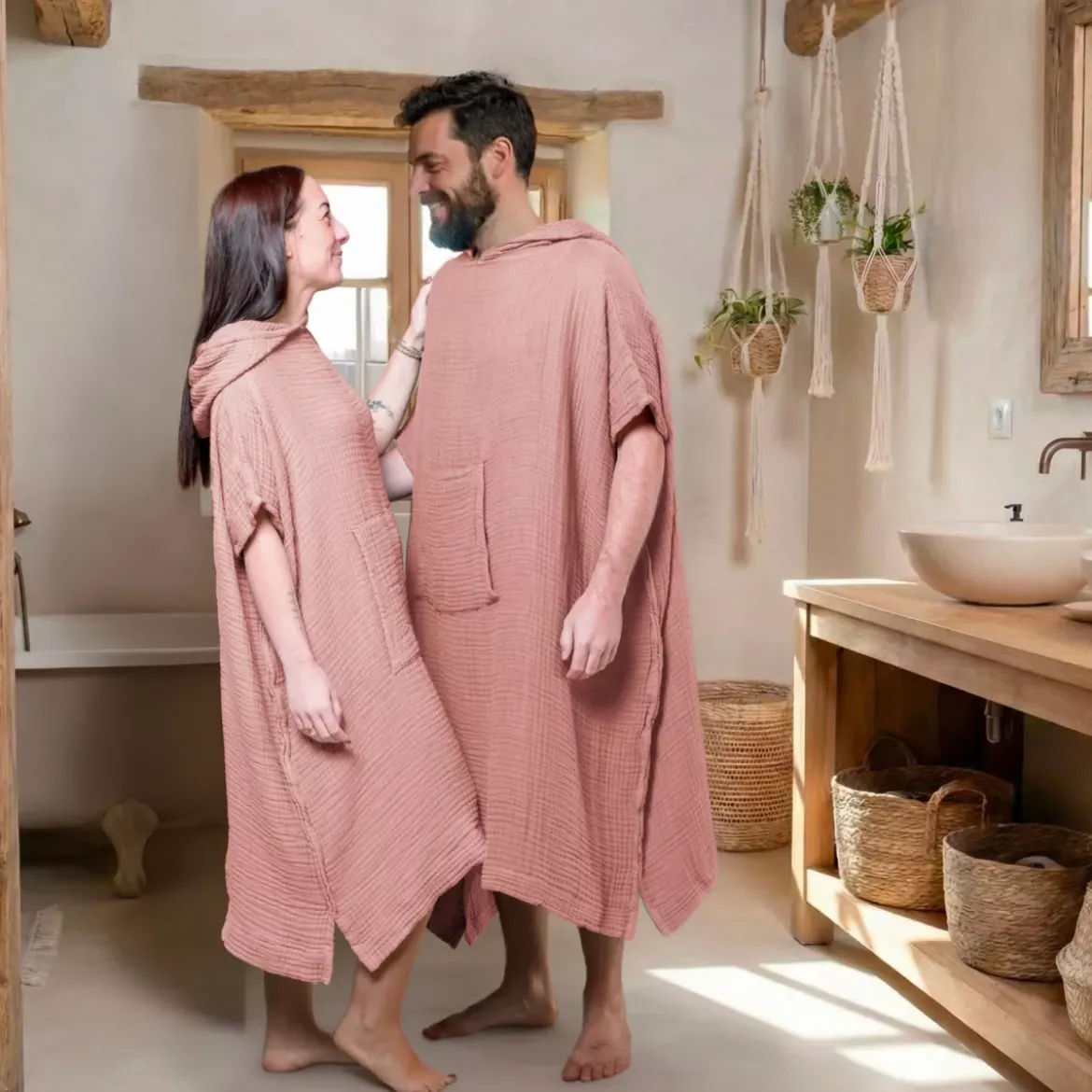 Poncho adulto in garza di cotone S/M Gaïa Pesca Rosa