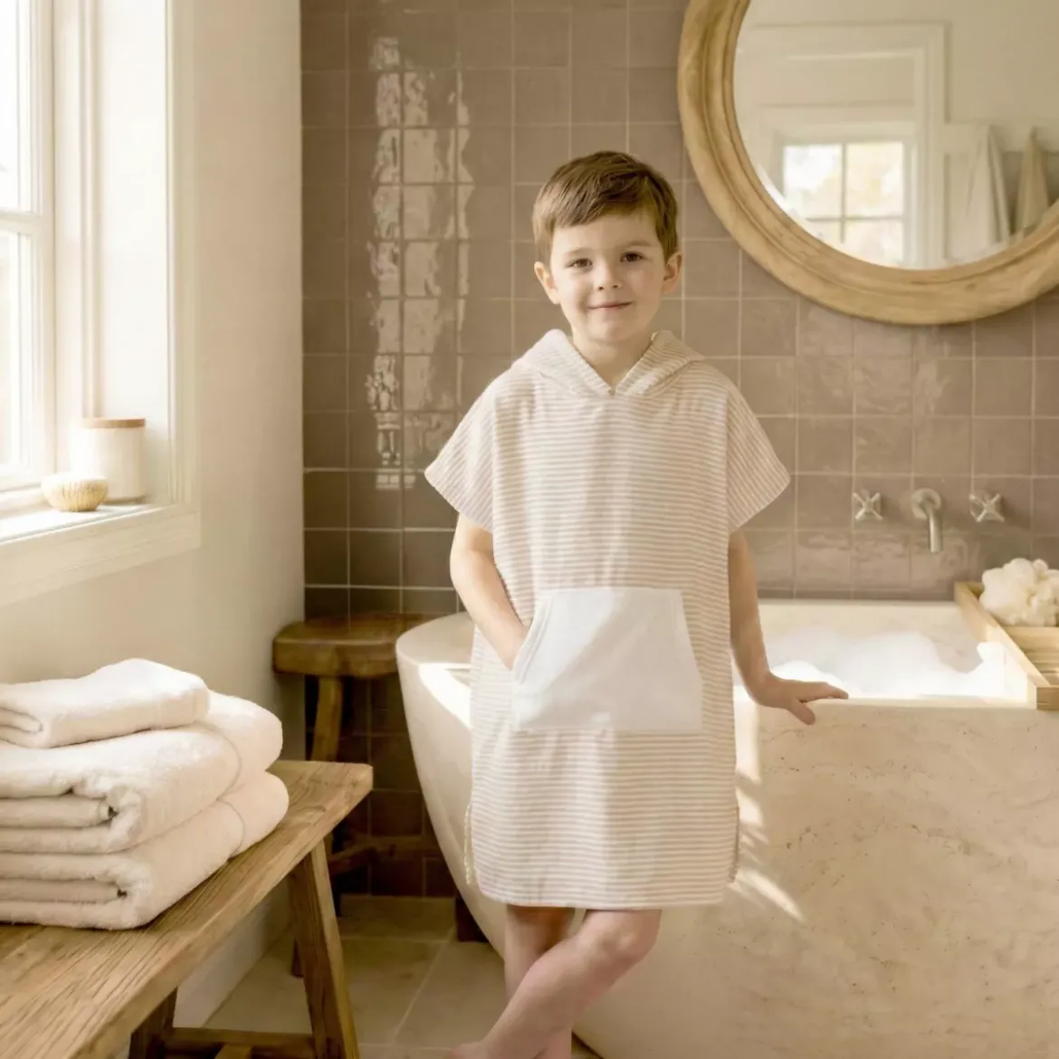 Poncho da bagno per bambini in cotone e spugna 2/5 anni Marina Beige