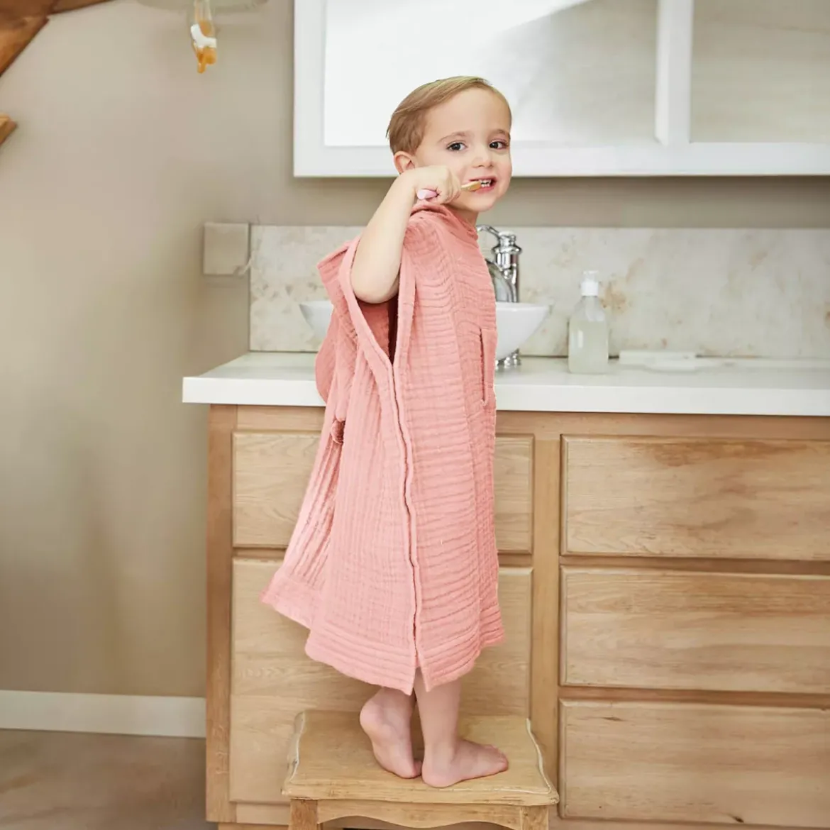 Poncho da bagno per bambini in garza di cotone 6/10 anni Gaïa Rosa pesca