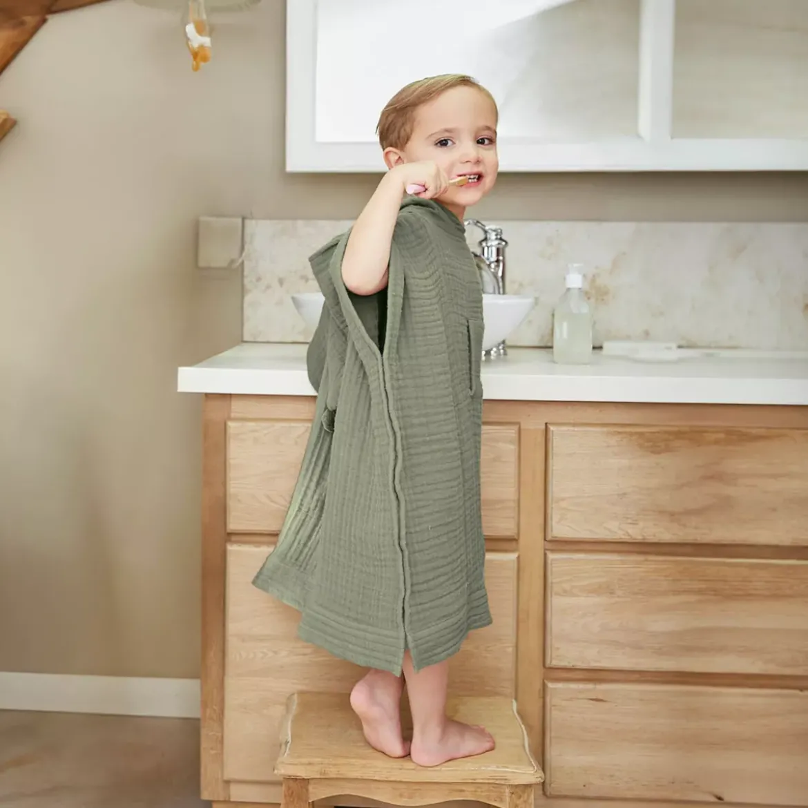 Poncho da bagno per bambini in garza di cotone 6/10 anni Gaïa Verde rosmarino