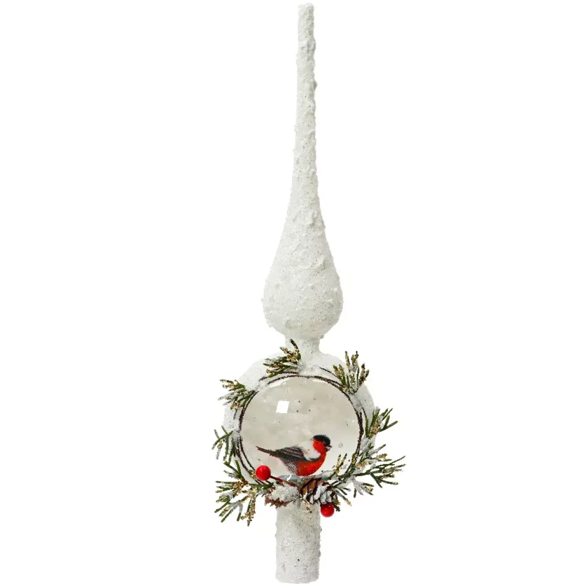 Puntale albero di Natale in vetro Passero Selvatico Bianco innevato