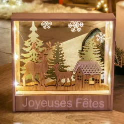 Quadro luminoso in legno a pile (H16 cm) Renna Bianco caldo