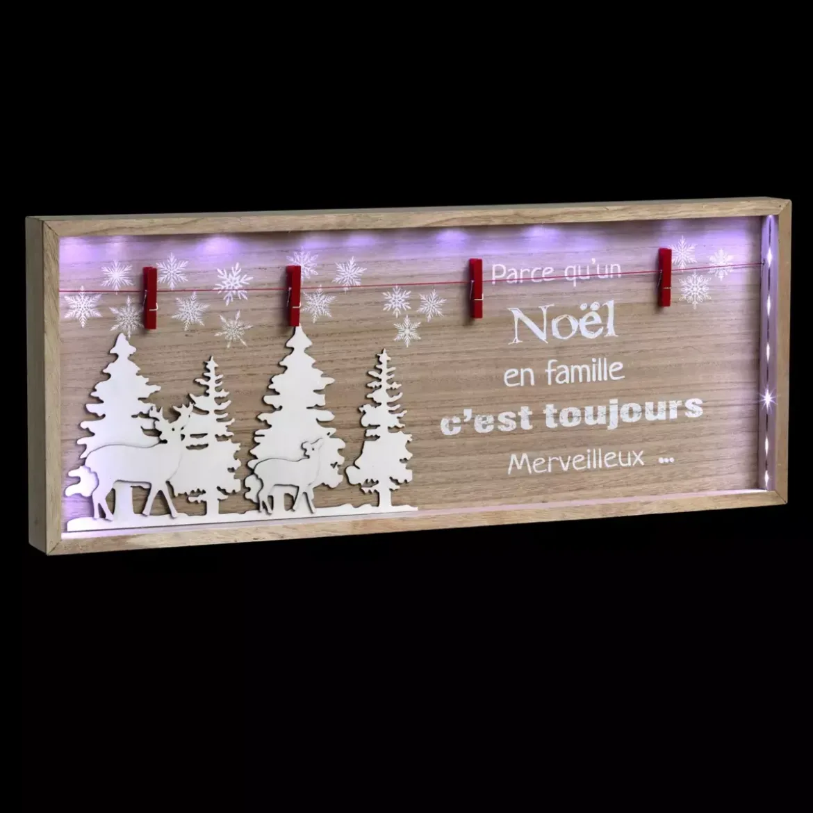 Quadro luminoso Natale in famigliale a pile in legno da posare Bianco freddo