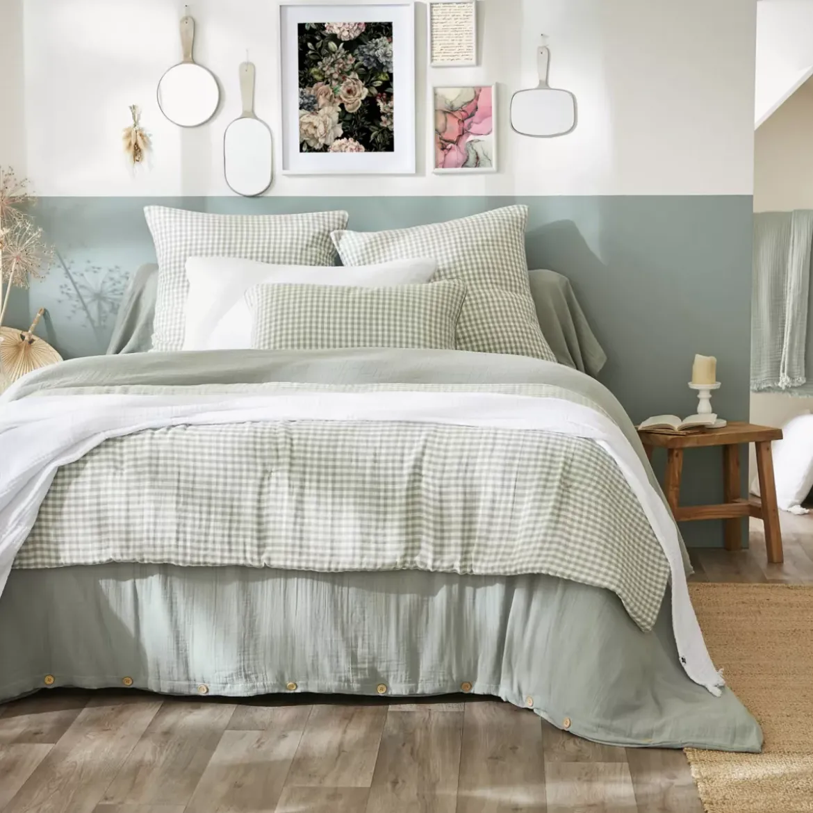 Runner letto garza di cotone (90 x 200 cm) Gaïa vichy Verde eucalipto