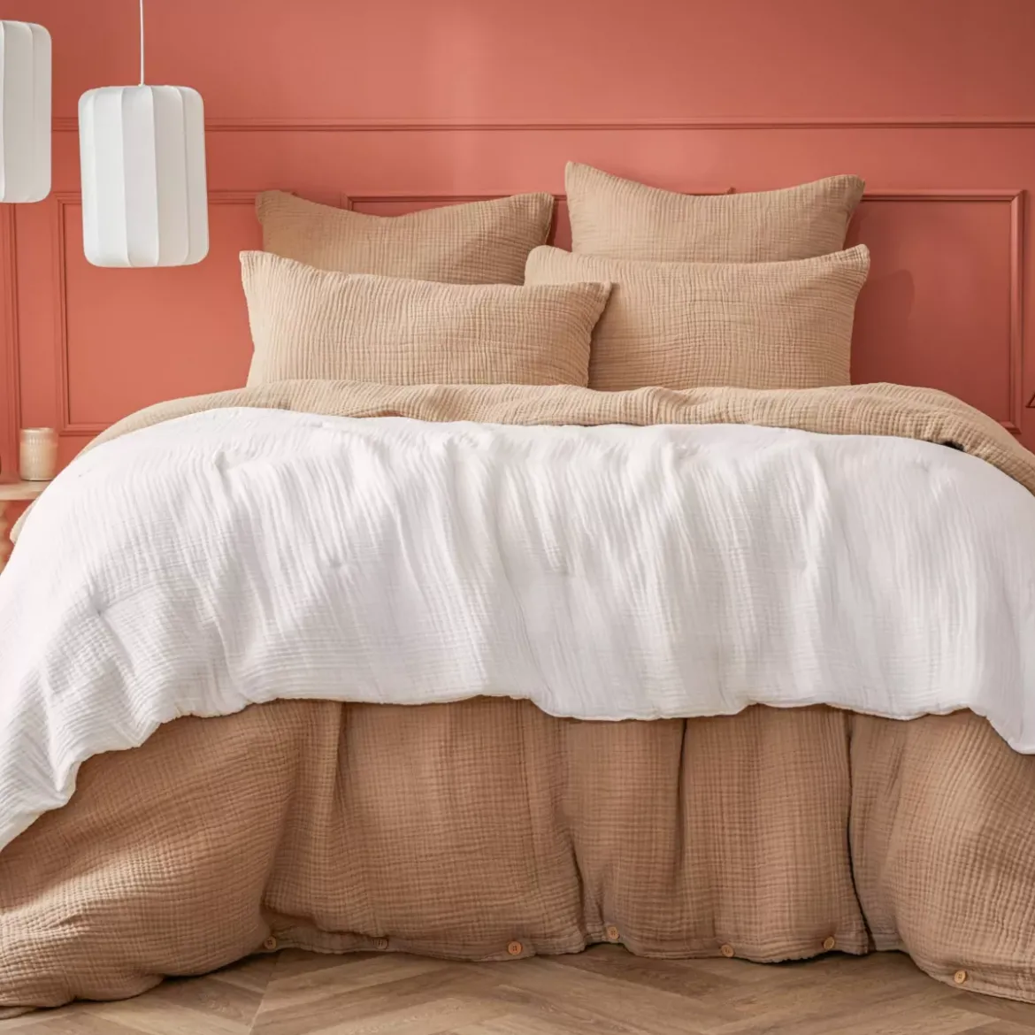 Runner letto quadrupla garza di cotone (90 x 220 cm) Victoria x Gaïa Bianco chantilly