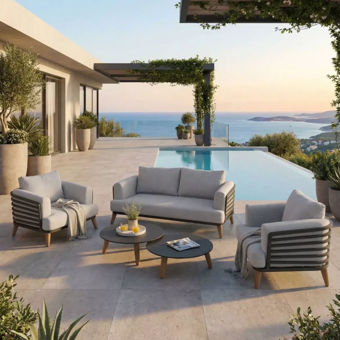 Salotto da giardino alluminio 4 posti 5 pezzi Monte Carlo Grigio antracite e grigio chiaro
