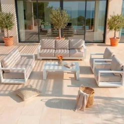 Salotto da giardino alluminio 7 posti 5 pezzi Elba Bianco e totora