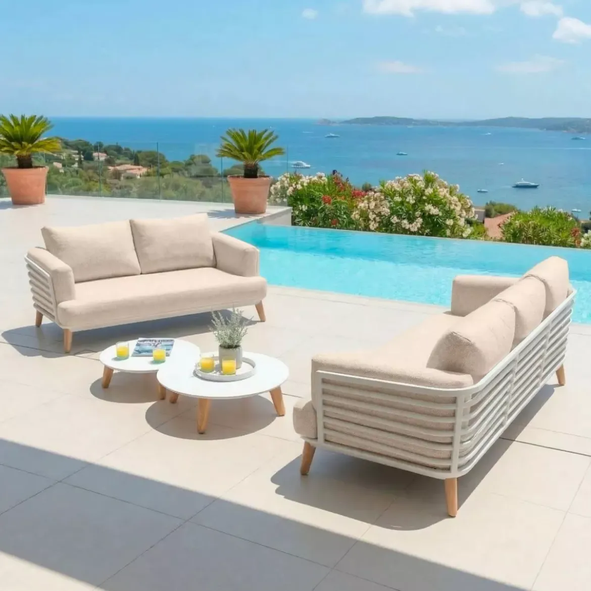 Salotto da giardino alluminio 5 posti 4 pezzi Monte Carlo Bianco e beige