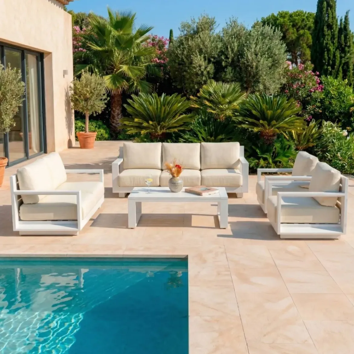 Salotto da giardino alluminio 7 posti 5 pezzi Elba Bianco e beige