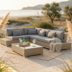 Salotto da giardino angolare in resina intrecciata 5 posti Palma Grigio e antracite