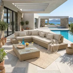 Salotto da giardino angolare in resina intrecciata 5 posti Palma Grigio e beige