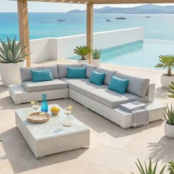 Salotto da giardino angolare in resina intrecciata 5 posti Palma Bianco e grigio