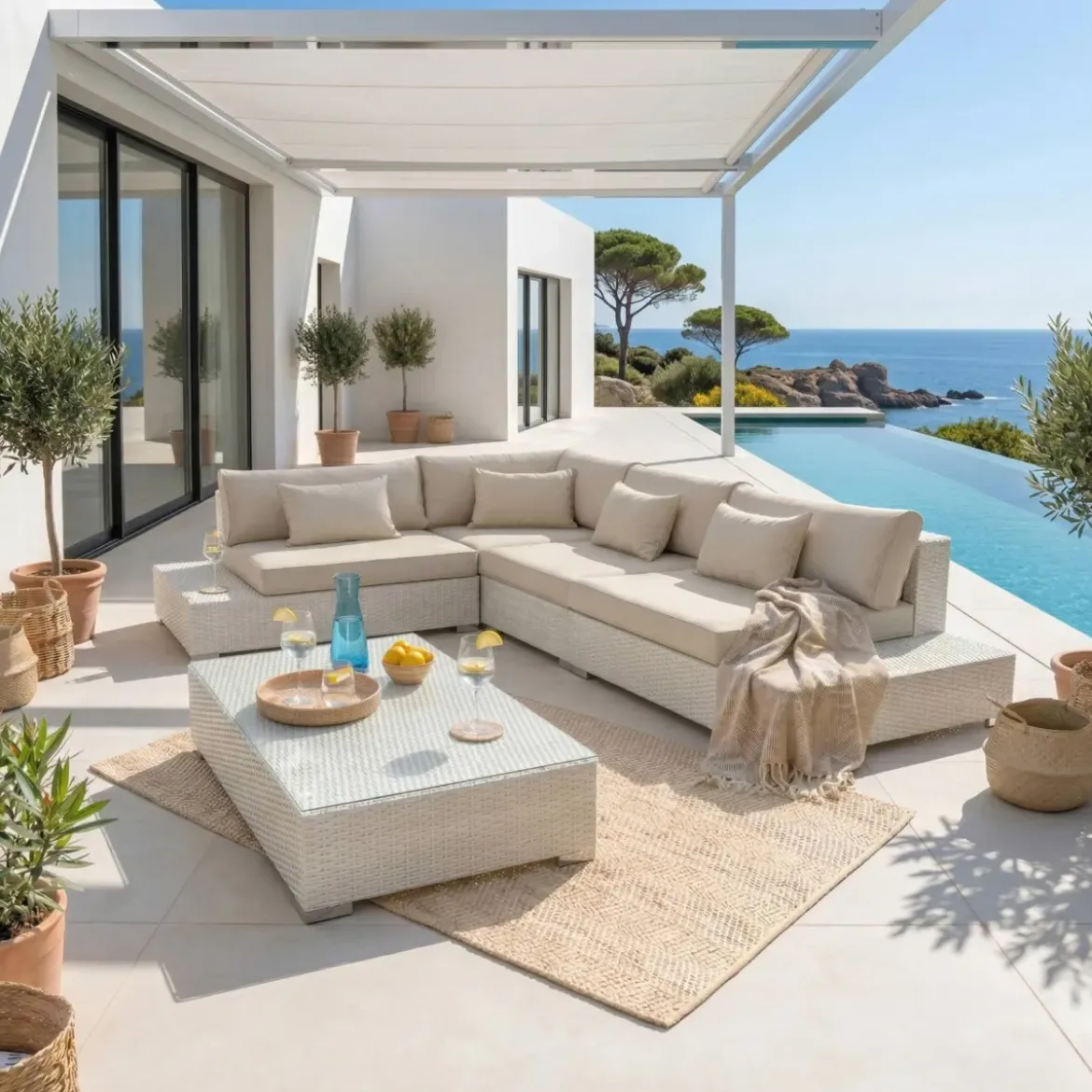 Salotto da giardino angolare in resina intrecciata 5 posti Palma Bianco e beige