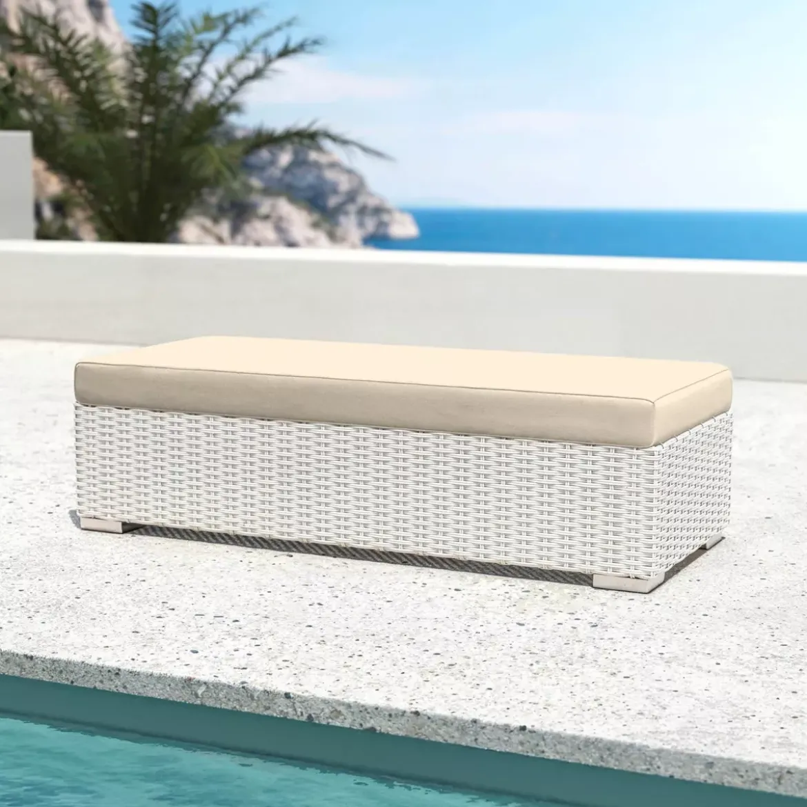 Salotto da giardino angolare in resina intrecciata 5 posti Palma Bianco e beige
