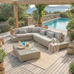 Salotto da giardino angolare in resina intrecciata 5 posti Palma Grigio e tortora