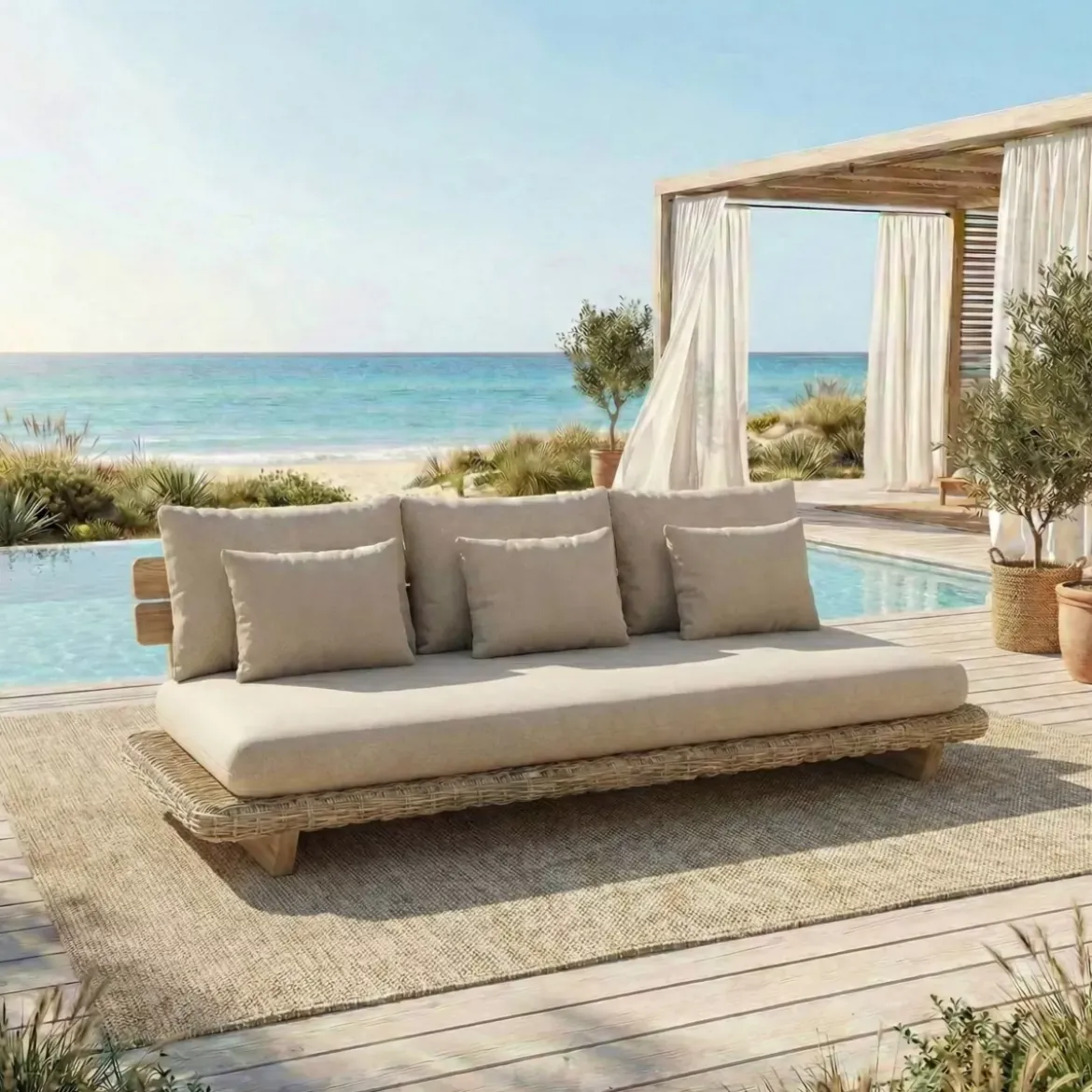 Salotto da giardino effetto legno e resina 5 posti 4 pezzi Palawan Beige