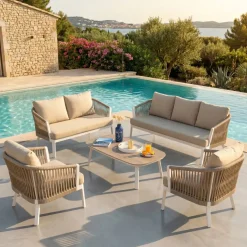 Salotto da giardino in alluminio 7 posti 5 pezzi Amalfi Bianco e beige
