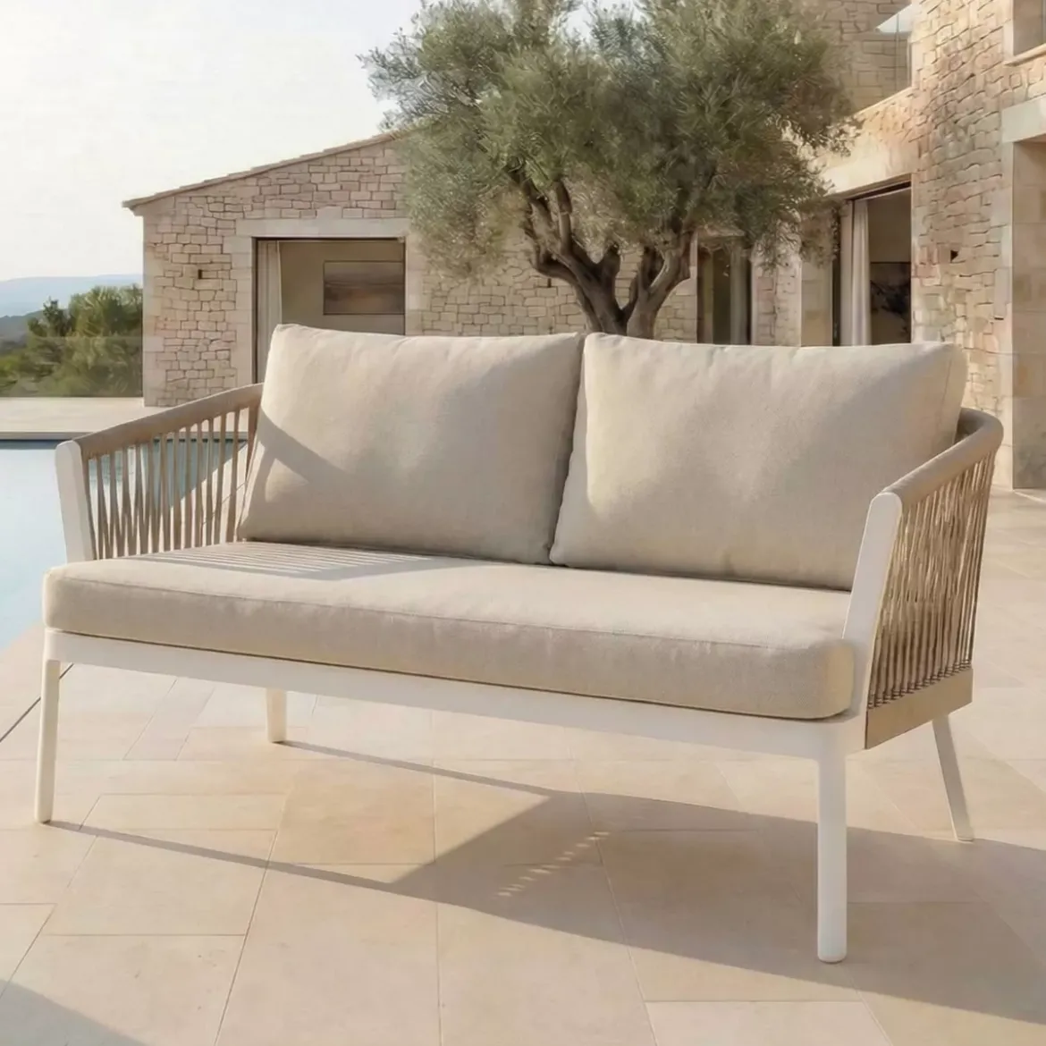 Salotto da giardino in alluminio 7 posti 5 pezzi Amalfi Bianco e beige