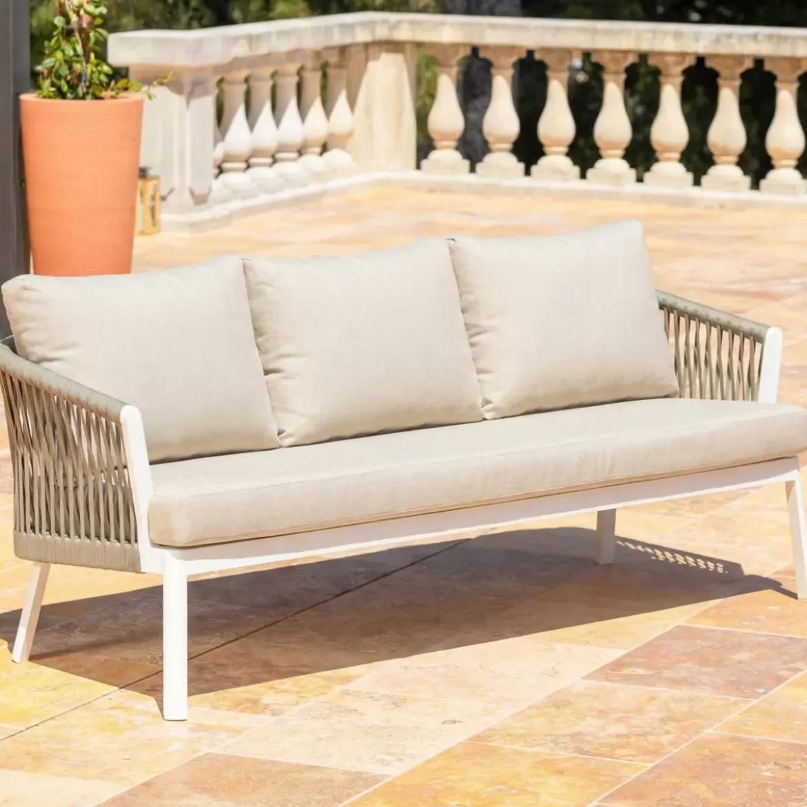 Salotto da giardino in alluminio 7 posti 5 pezzi Amalfi Bianco e beige
