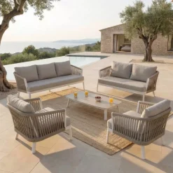 Salotto da giardino in alluminio 7 posti 5 pezzi Amalfi Bianco e tortora