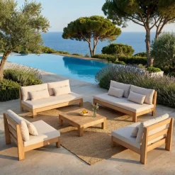 Salotto da giardino in legno di acacia 8 posti 5 pezzi Bornéo Sabbia