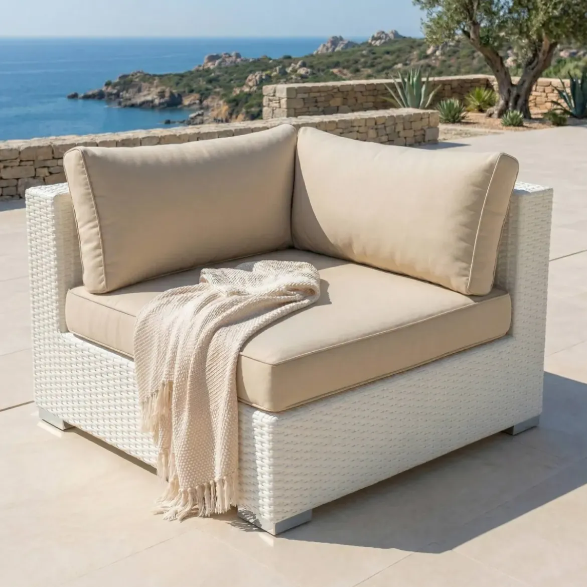 Salotto da giardino in resina intrecciata 9 posti 9 pezzi Palma Bianco e beige