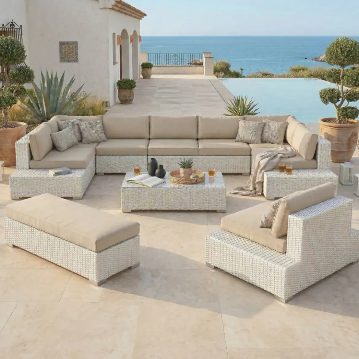 Salotto da giardino in resina intrecciata 9 posti 9 pezzi Palma Bianco e beige