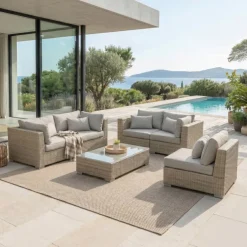 Salotto da giardino in resina intrecciata 5 posti 6 pezzi Palma Grigio