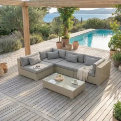 Salotto da giardino in resina intrecciata 4 posti 5 pezzi Palma Grigio e antracite