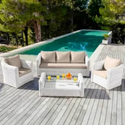 Salotto da giardino in resina intrecciata 5 posti 4 pezzi Calvi Bianco e tortora