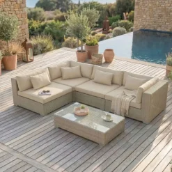 Salotto da giardino in resina intrecciata 4 posti 5 pezzi Palma Grigio e beige