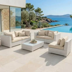 Salotto da giardino in resina intrecciata 5 posti 6 pezzi Palma Bianco e beige